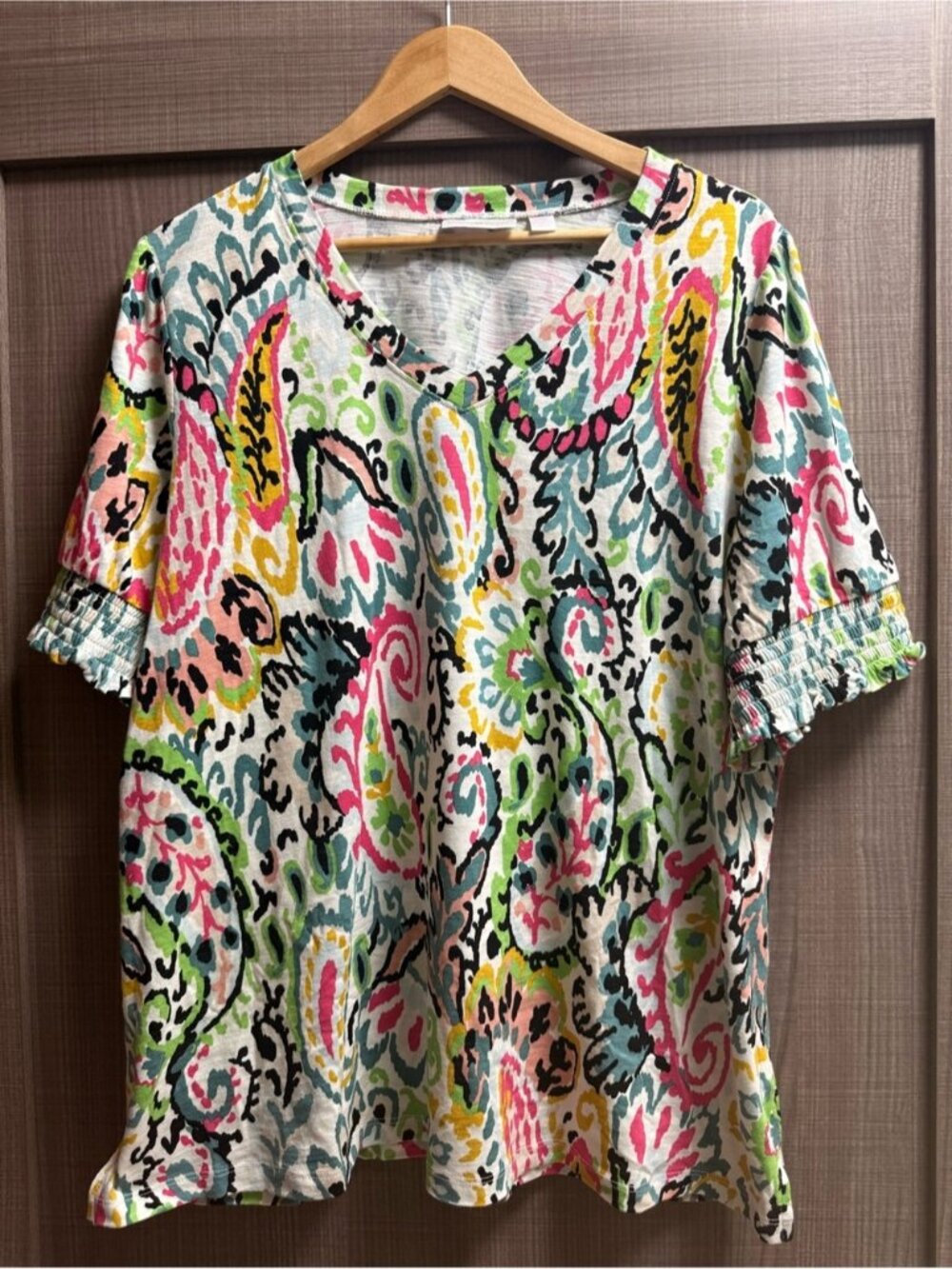 Belle by Kim Gravel Paisley Print Smocked Sleeve Knit Top Women’s XL